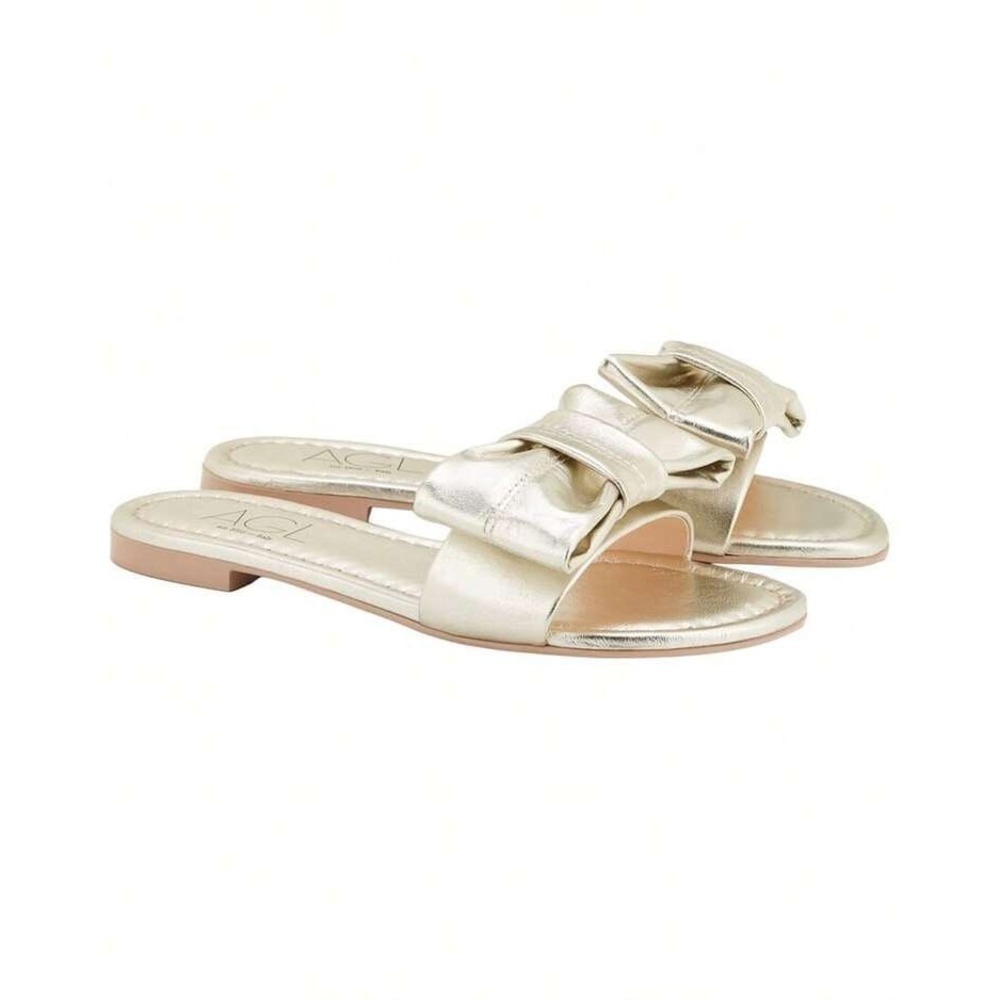 AGL Attilio‎ Giusti Leombruni Ribbon Gold Metallic Leather Bow Slide Sandals 6